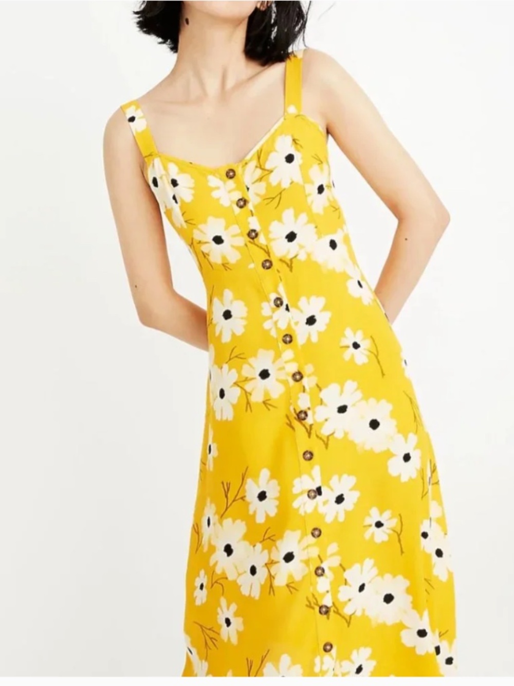 ☀️ Madewell Button-Front Midi Dress in Ikat Floral Yellow Daisy Sundress